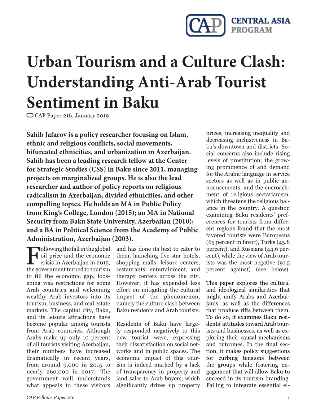 Understanding Anti-Arab Tourist Sentiment in Baku CAP Paper 216, January 2019