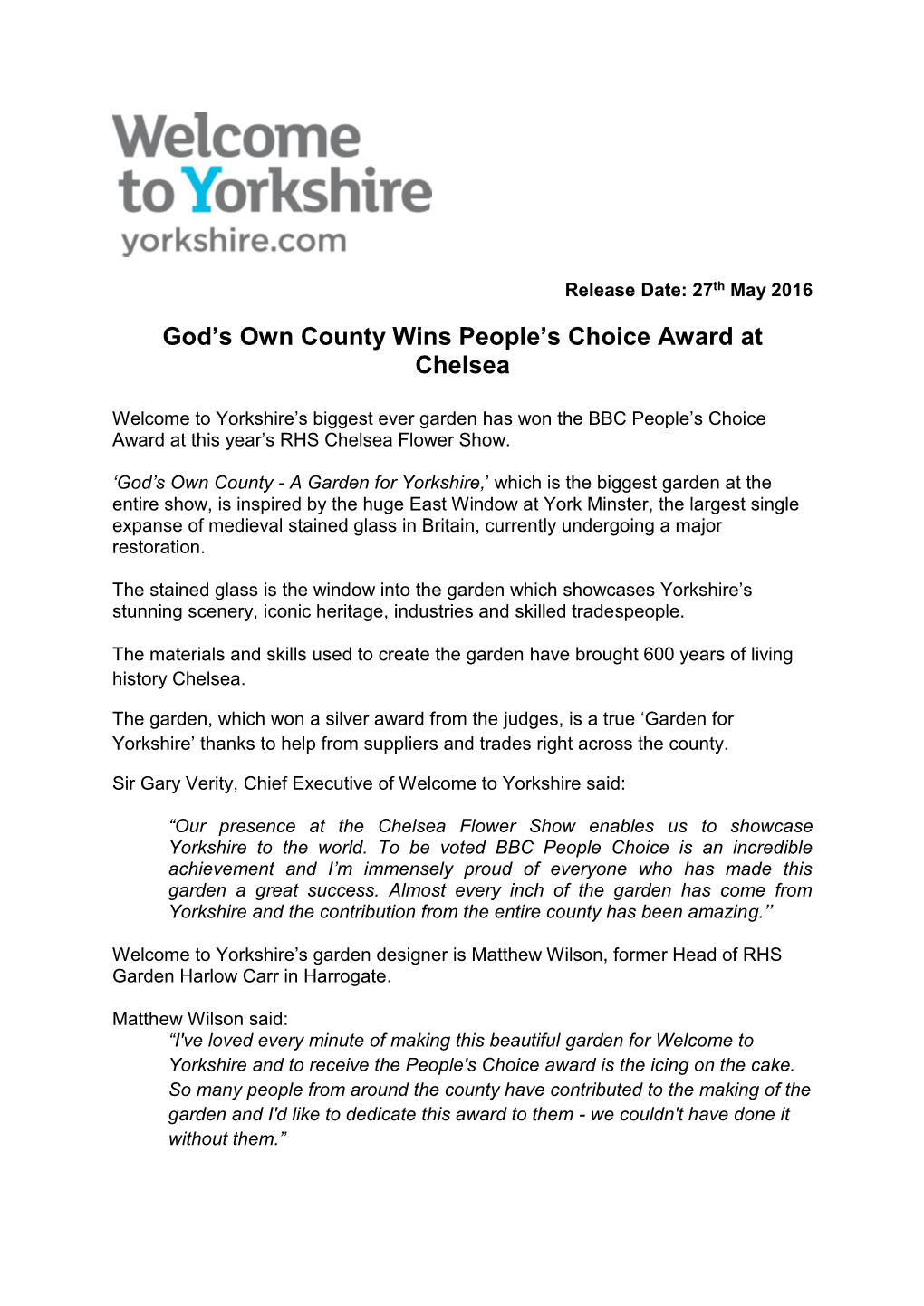 Press Releases God's Own County Wins People's Choice Award at Chelsea Flower Show Welcome to Yorkshire's