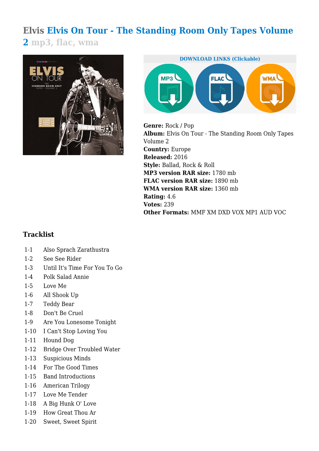 Elvis Elvis on Tour - the Standing Room Only Tapes Volume 2 Mp3, Flac, Wma