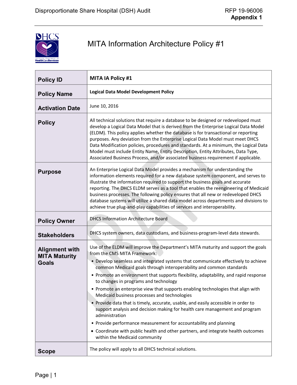 MITA Information Architecture Policy #1