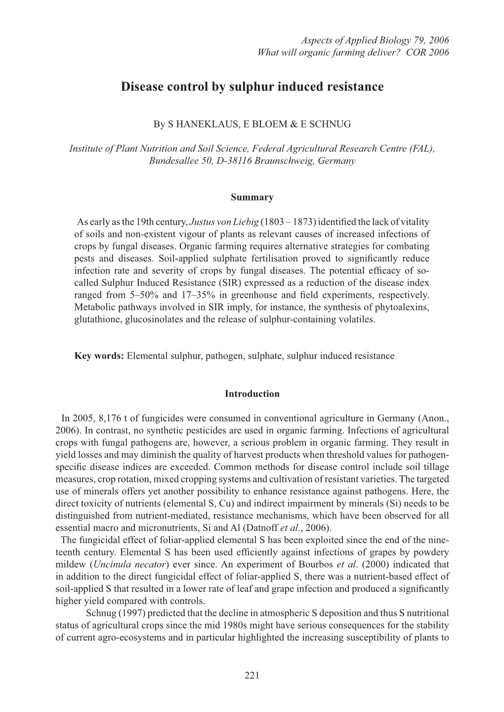 Disease Control by Sulphur Induced Resistance