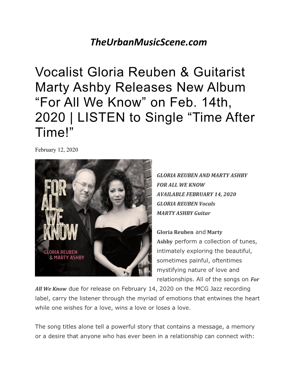 Vocalist Gloria Reuben & Guitarist Marty Ashby Releases New Album