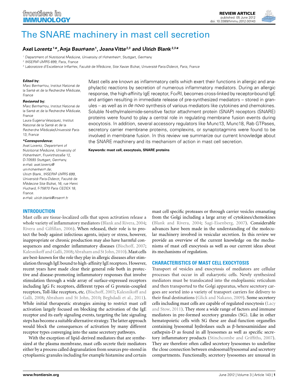 The SNARE Machinery in Mast Cell Secretion