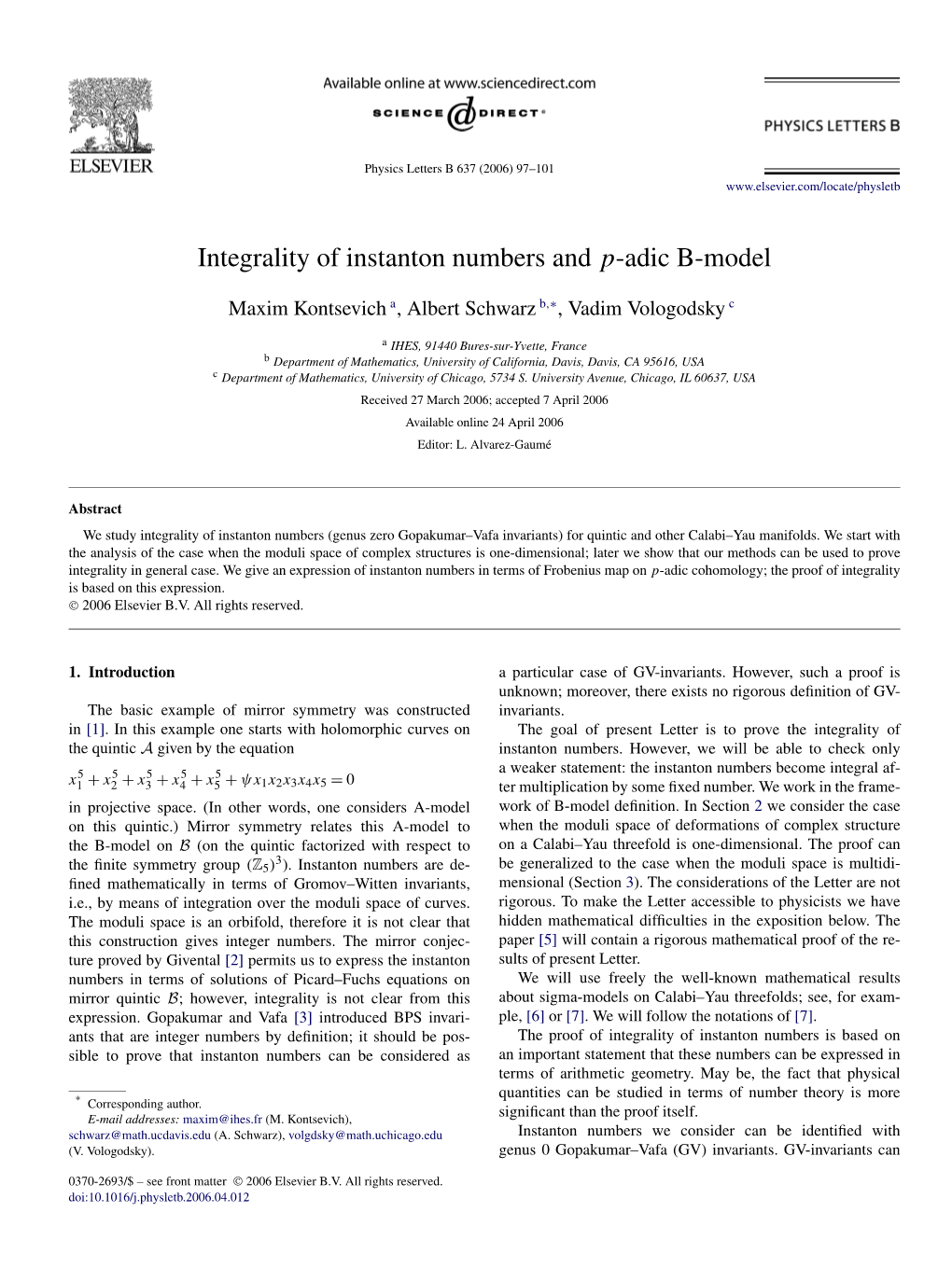 Integrality of Instanton Numbers and P-Adic B-Model