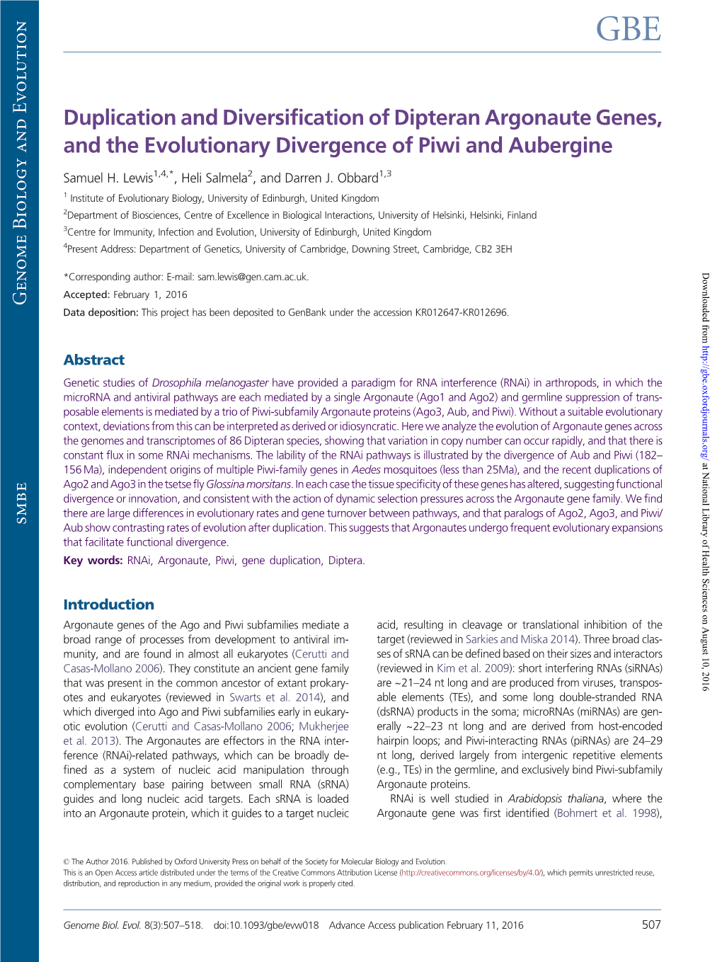 Duplication and Diversification of Dipteran Argonaute Genes, and the Evolutionary Divergence of Piwi and Aubergine