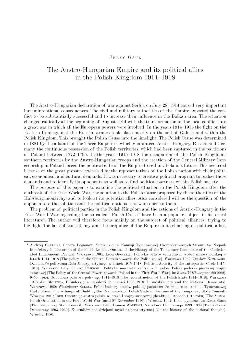 The Austro-Hungarian Empire and Its Political Allies in the Polish Kingdom 1914–1918