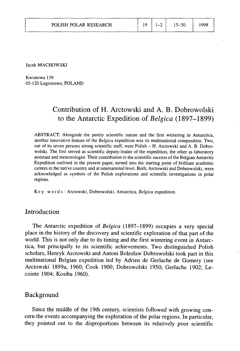 Contribution of H. Arctowski and A. B. Dobrowolski to the Antarctic Expedition of Belgica (1897-1899)