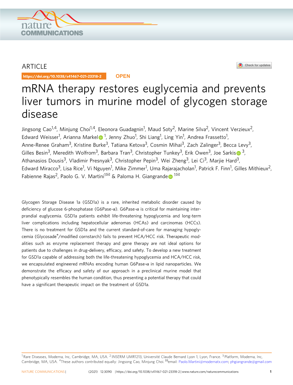 Mrna Therapy Restores Euglycemia and Prevents Liver Tumors in Murine Model of Glycogen Storage Disease