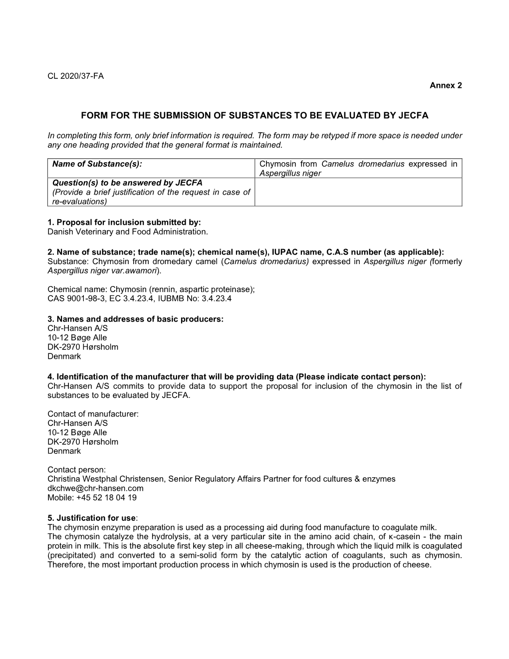 Form for the Submission of Substances to Be Evaluated by Jecfa