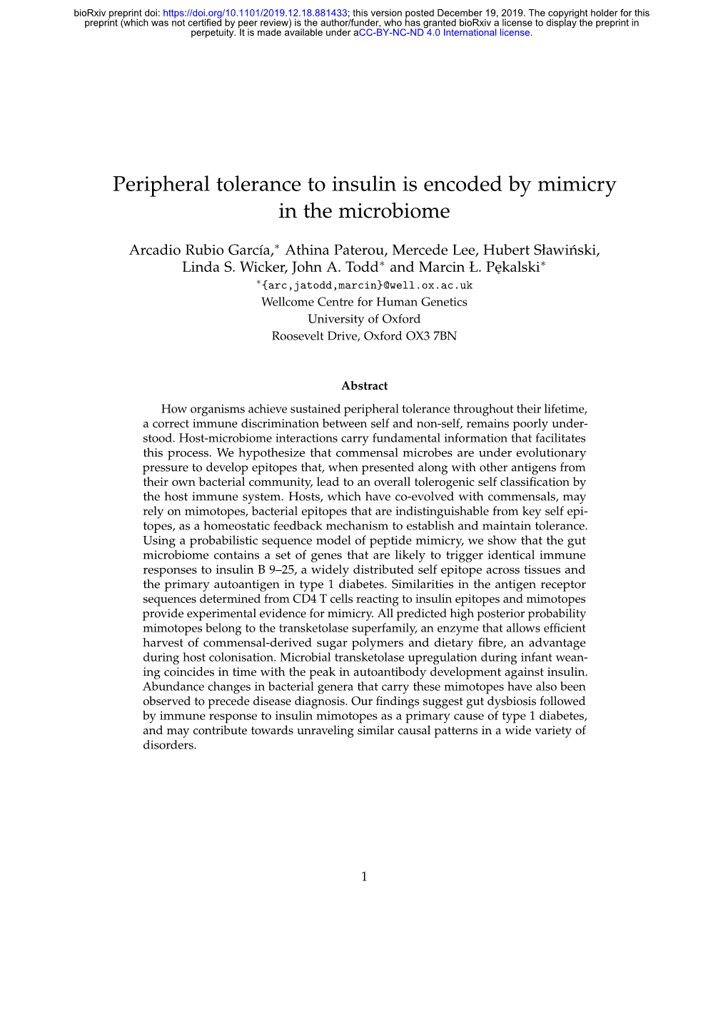 Peripheral Tolerance to Insulin Is Encoded by Mimicry in the Microbiome