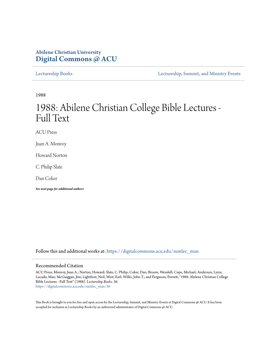 Abilene Christian College Bible Lectures - Full Text ACU Press