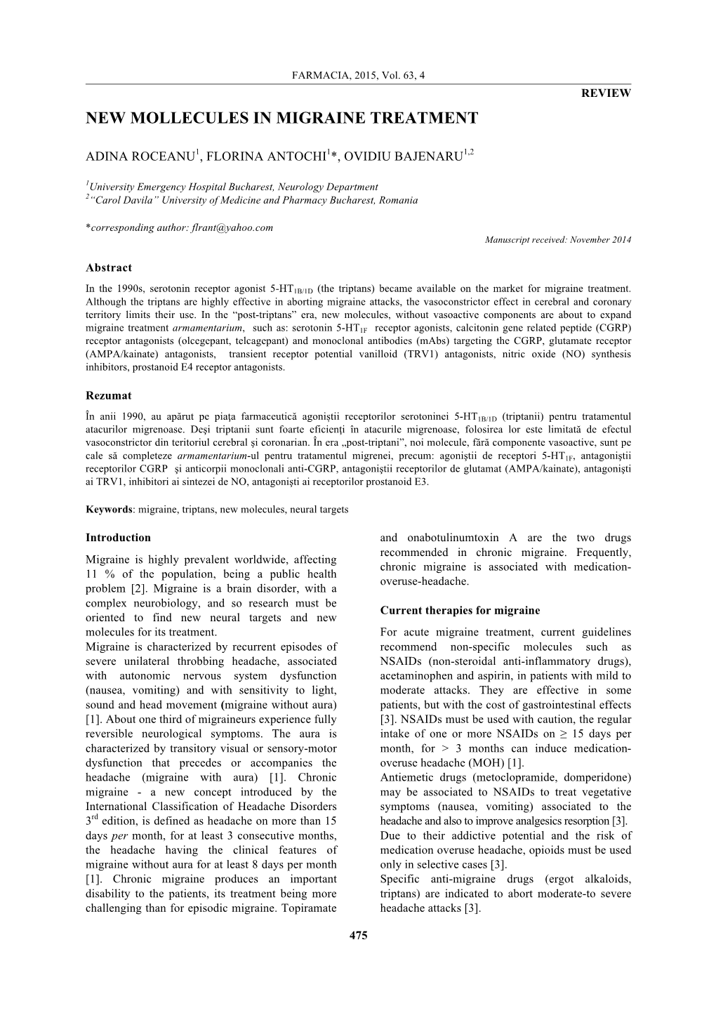 New Mollecules in Migraine Treatment