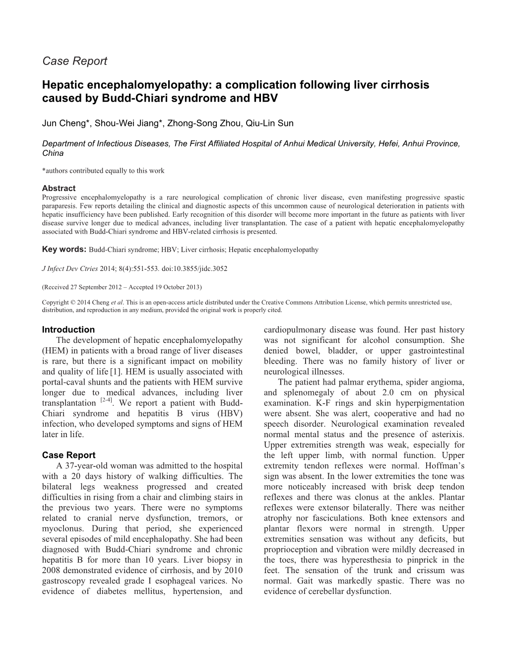 Hepatic Encephalomyelopathy: a Complication Following Liver Cirrhosis Caused by Budd-Chiari Syndrome and HBV