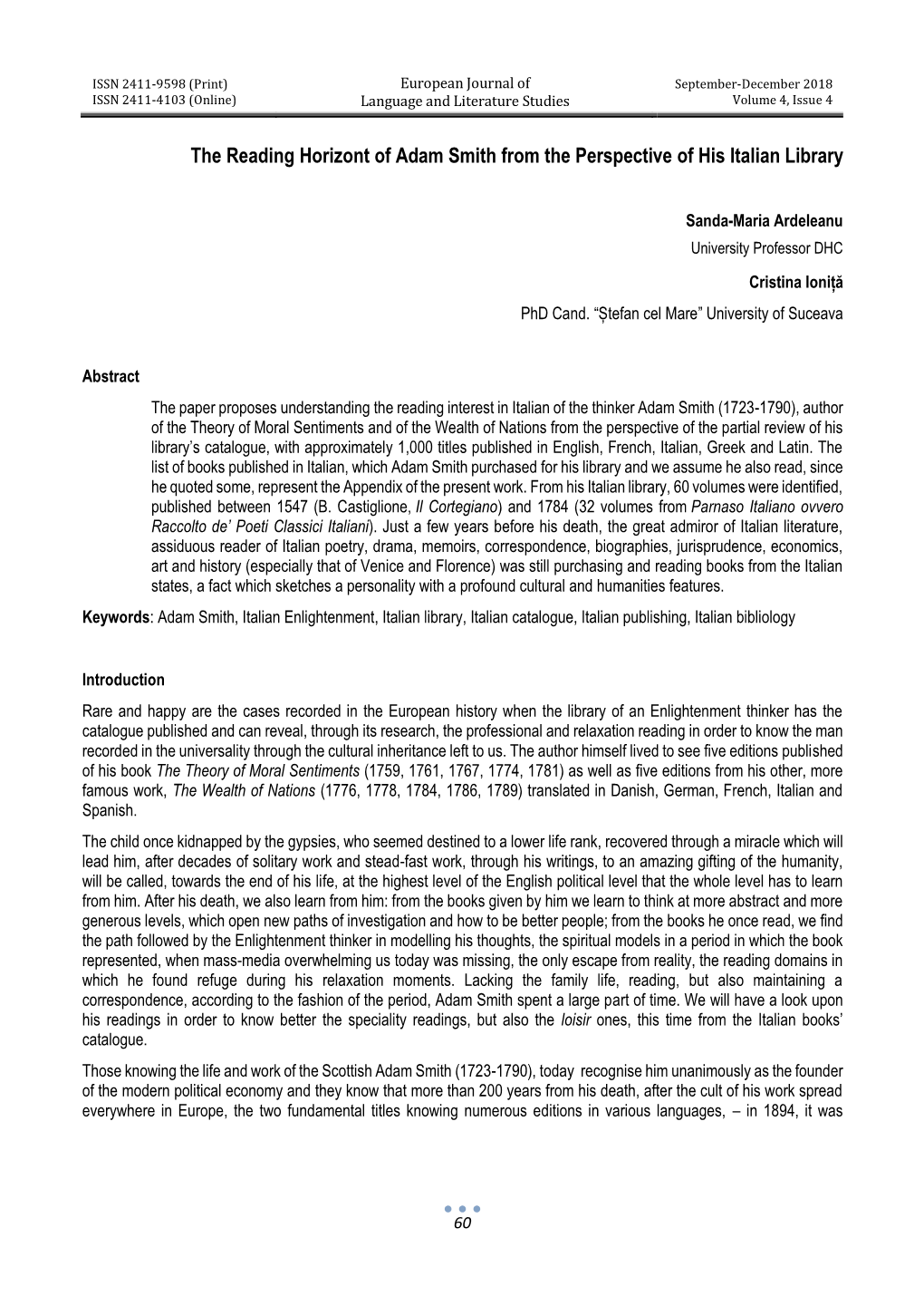 The Reading Horizont of Adam Smith from the Perspective of His Italian Library