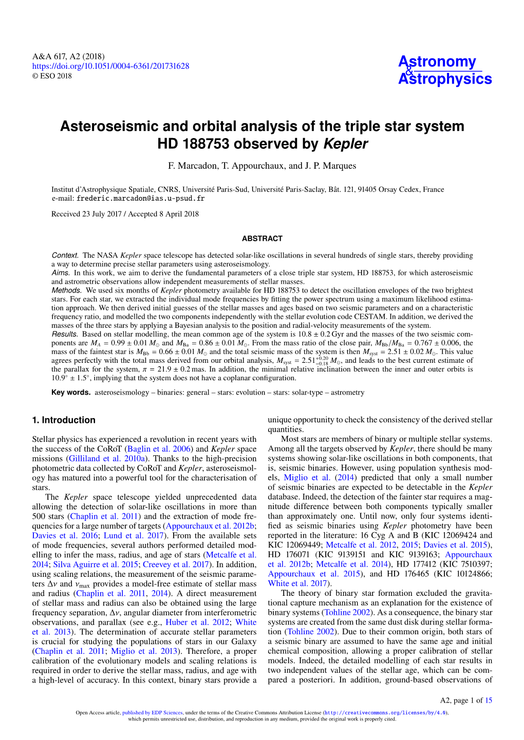 Asteroseismic and Orbital Analysis of the Triple Star System HD 188753 Observed by Kepler F