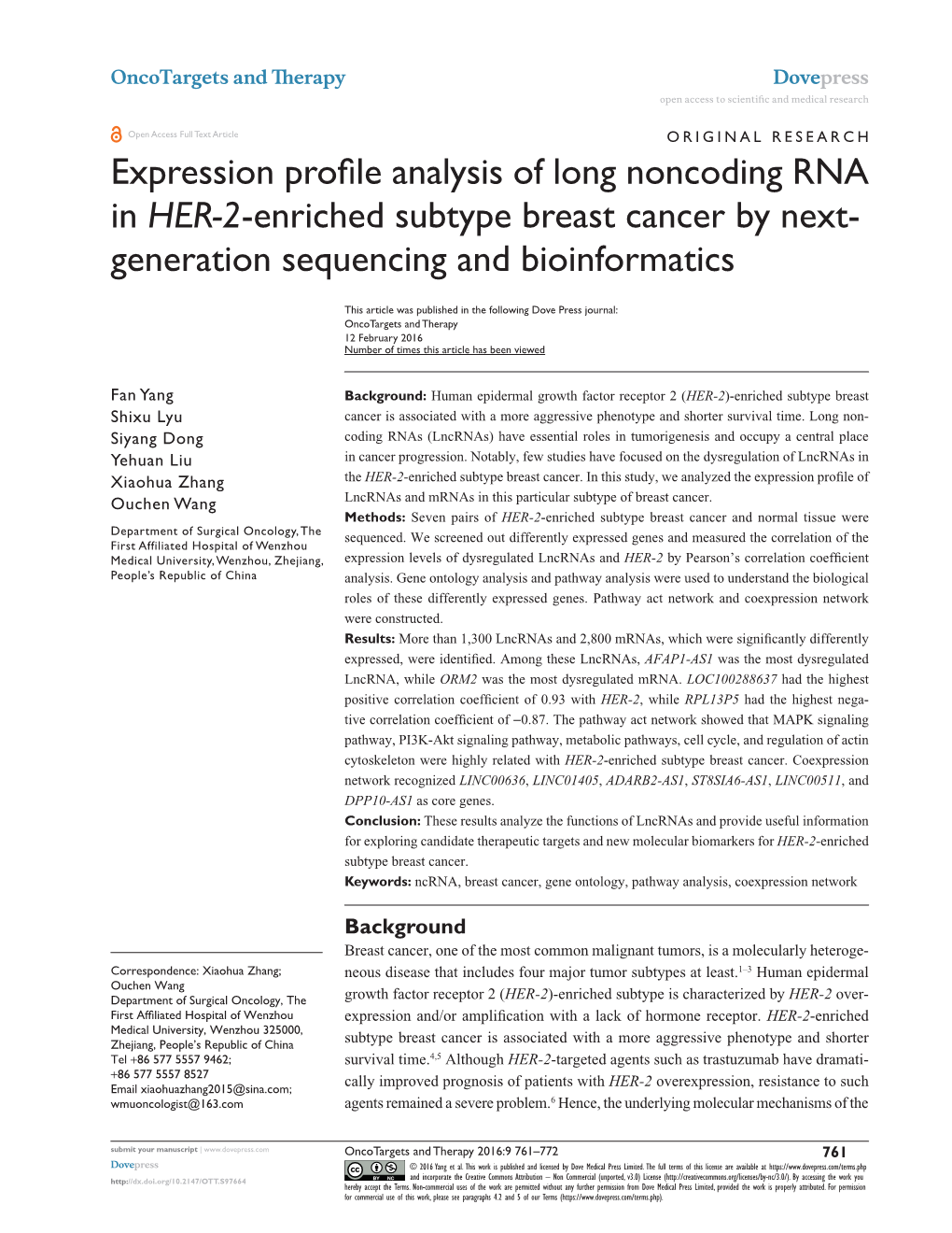 Expression Profile Analysis of Long Noncoding RNA in HER-2-Enriched Subtype Breast Cancer by Next- Generation Sequencing and Bioinformatics