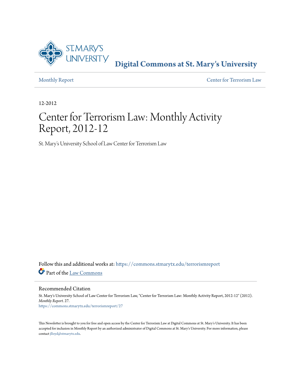 Center for Terrorism Law: Monthly Activity Report, 2012-12 St