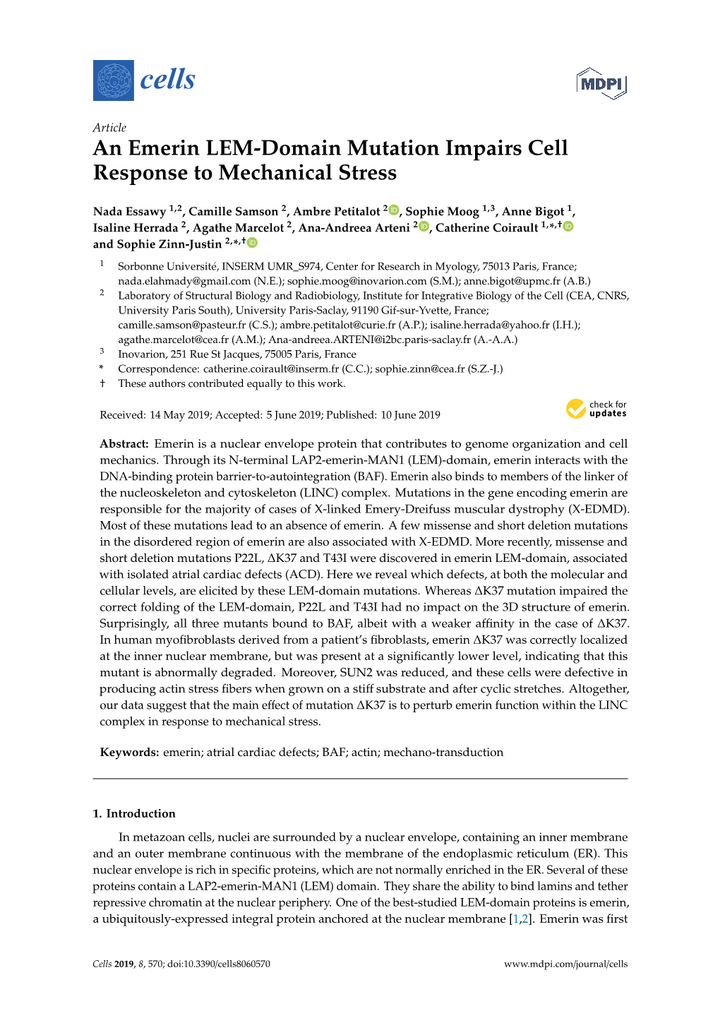 An Emerin LEM-Domain Mutation Impairs Cell Response to Mechanical Stress