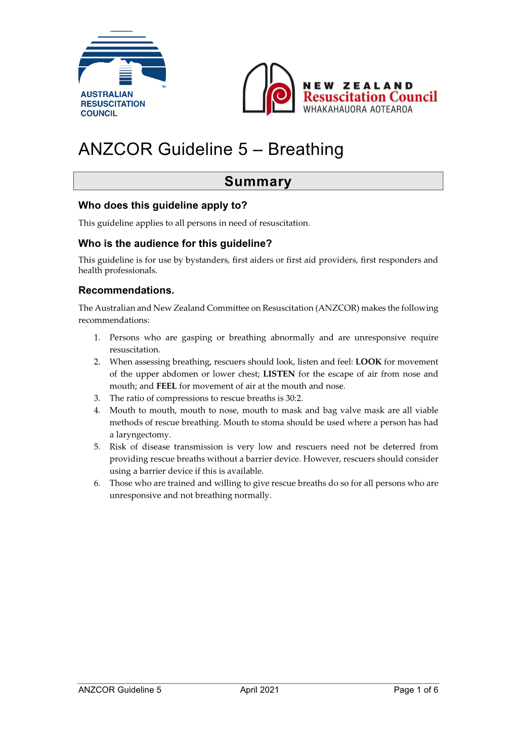 ANZCOR Guideline 5 – Breathing