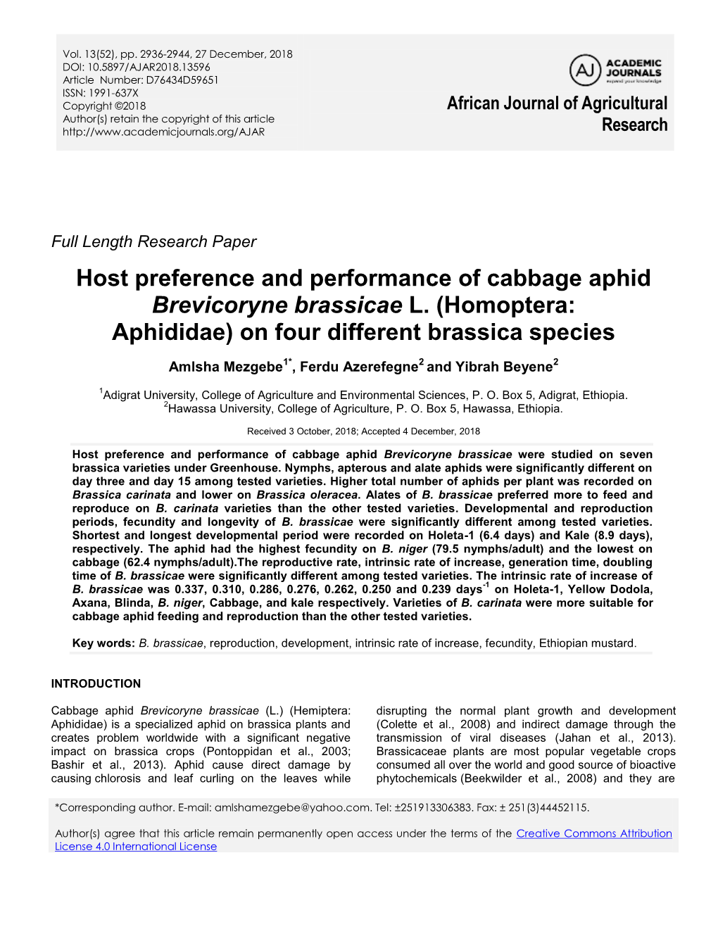 Host Preference and Performance of Cabbage Aphid Brevicoryne Brassicae L