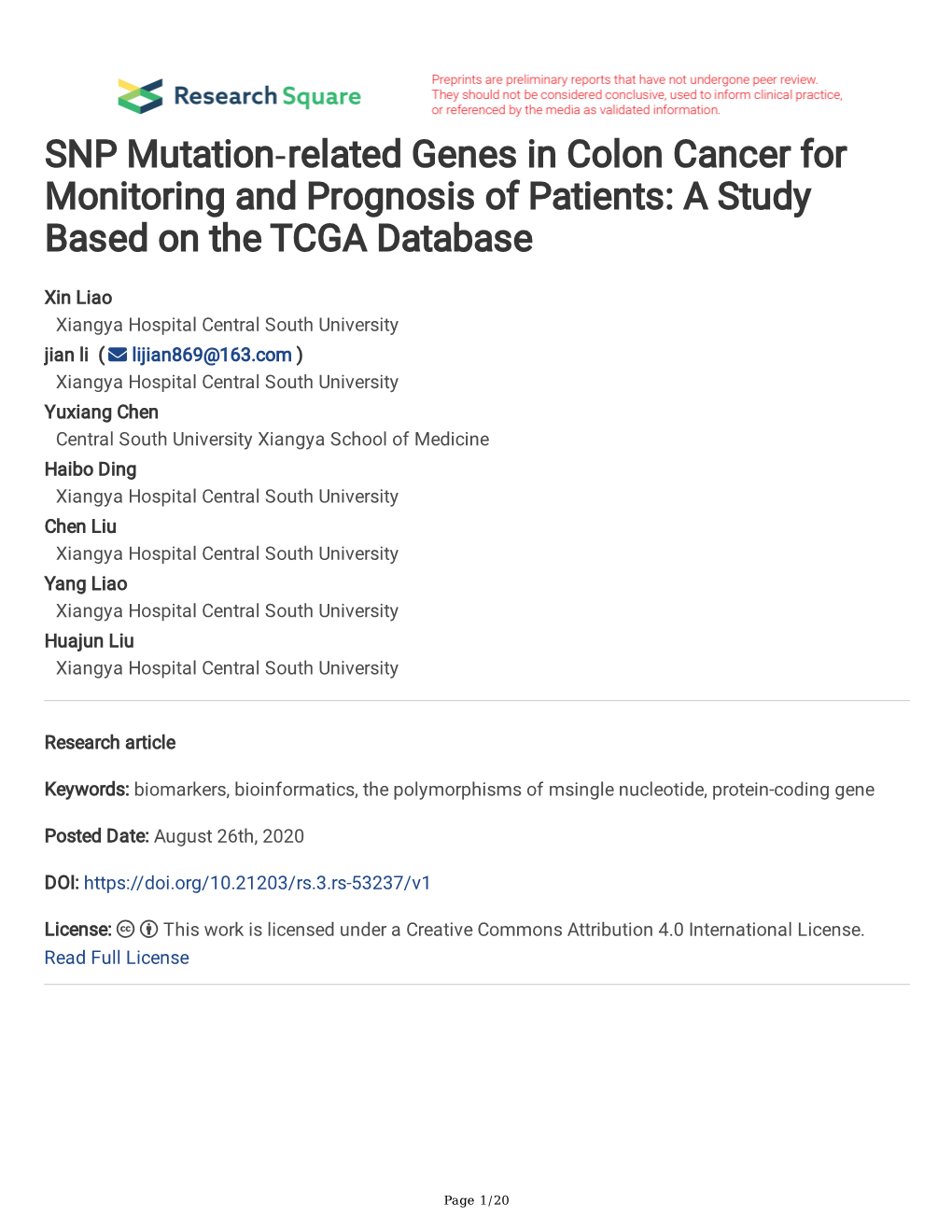 SNP Mutation‐Related Genes in Colon Cancer for Monitoring and Prognosis of Patients: a Study Based on the TCGA Database