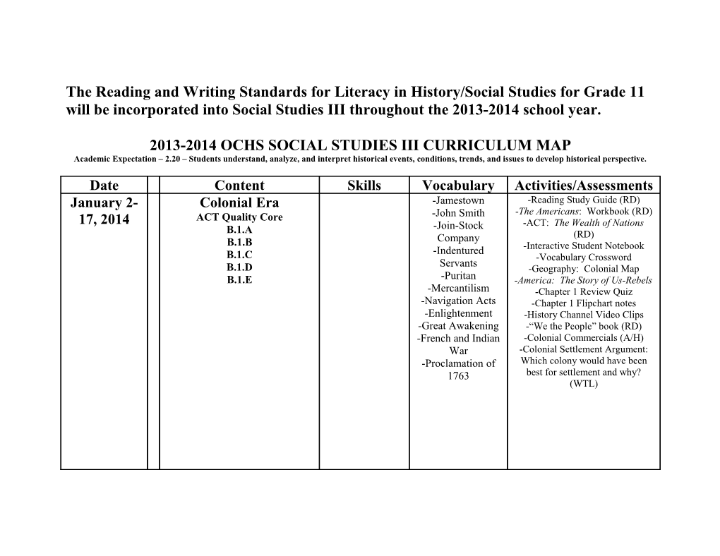 The Reading and Writing Standards for Literacy in History/Social Studies for Grade 11 Will s1