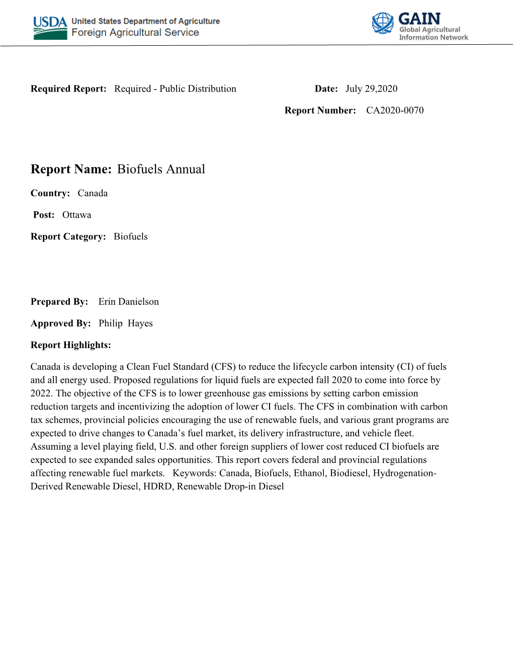 Report Name: Biofuels Annual