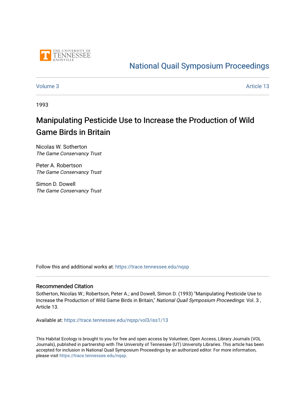 Manipulating Pesticide Use to Increase the Production of Wild Game Birds in Britain