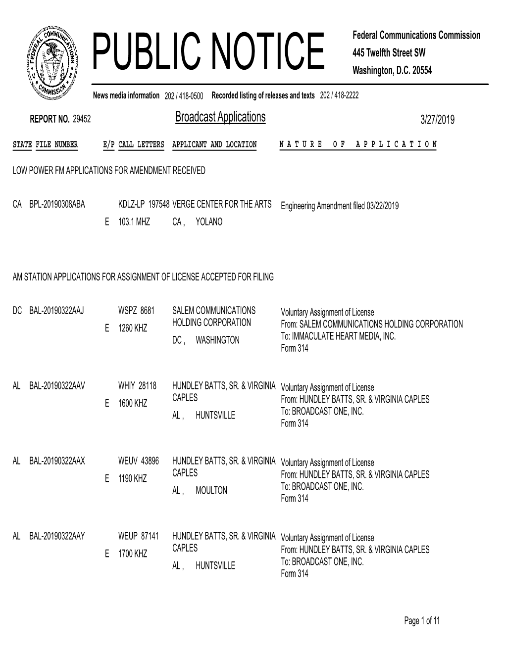 Broadcast Applications 3/27/2019