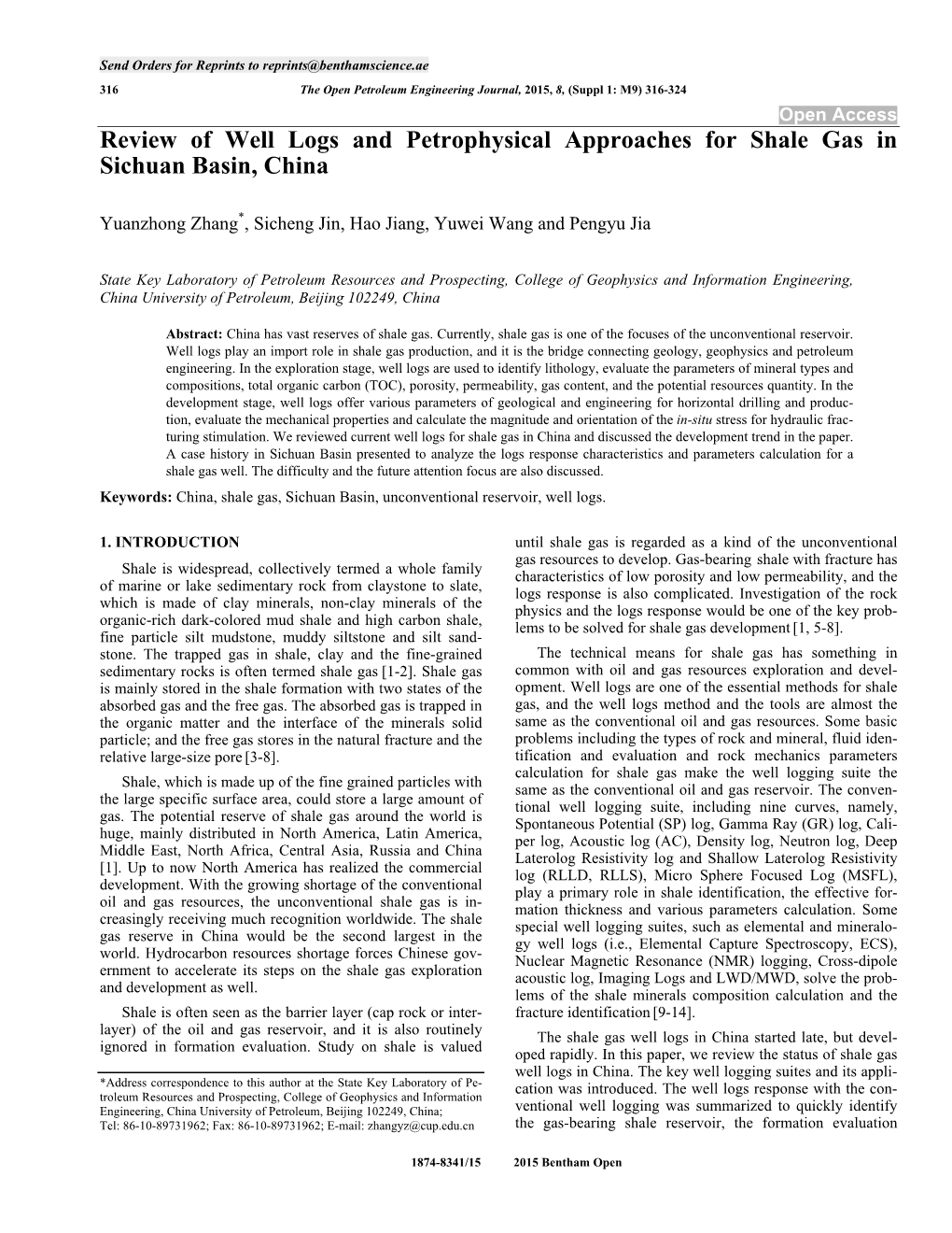 Review of Well Logs and Petrophysical Approaches for Shale Gas in Sichuan Basin, China