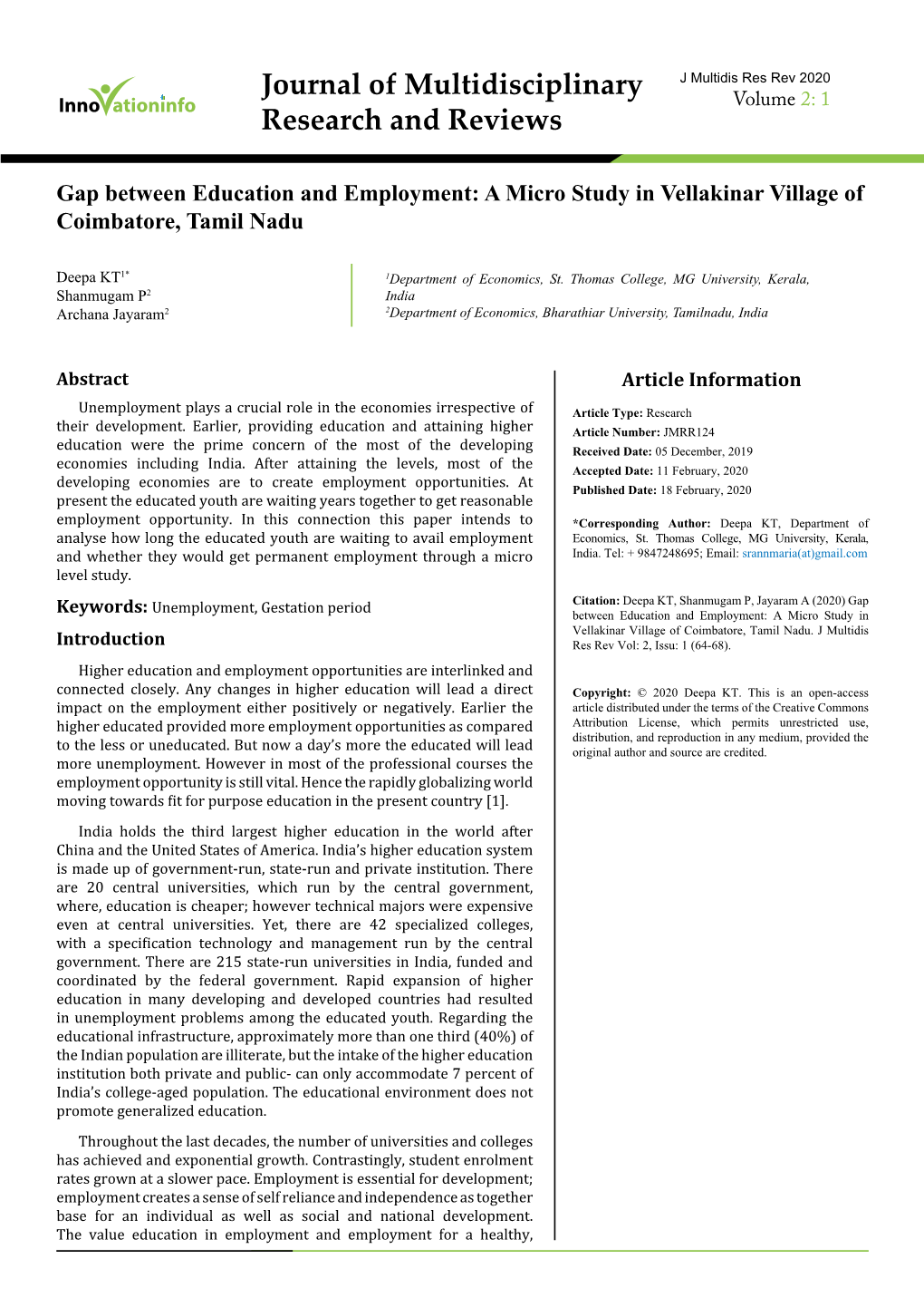 Gap Between Education and Employment: a Micro Study in Vellakinar Village of Coimbatore, Tamil Nadu