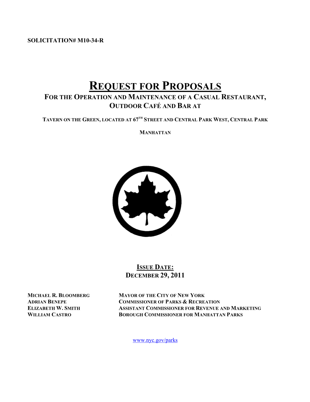 Request for Proposals for the Operation and Maintenance of a Casual Restaurant, Outdoor Café and Bar At