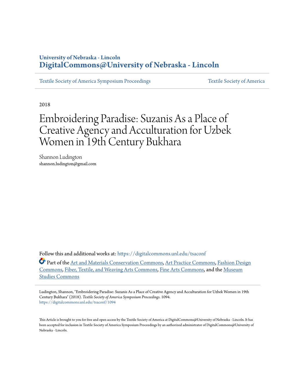 Suzanis As a Place of Creative Agency and Acculturation for Uzbek Women in 19Th Century Bukhara Shannon Ludington Shannon.Ludington@Gmail.Com