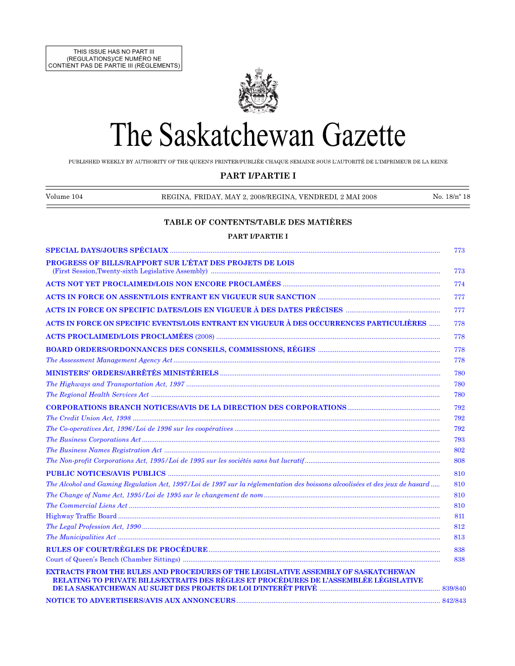 Sask Gazette, Part I, May 2, 2008