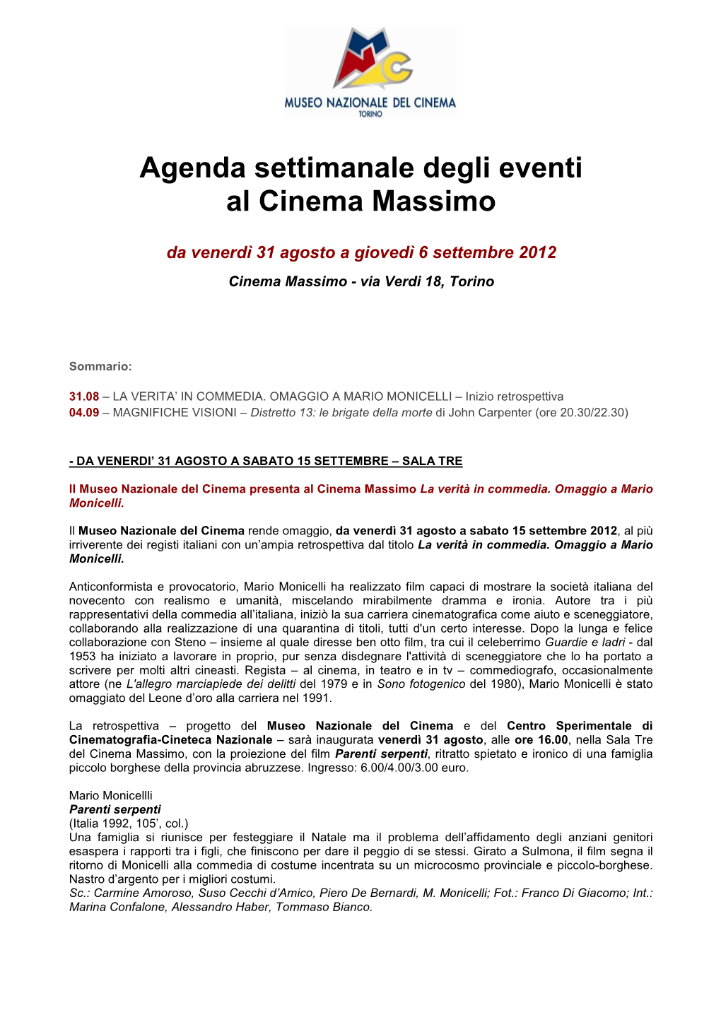 29 Agenda Cmassimo Dal 31.08 Al 06.09.2012