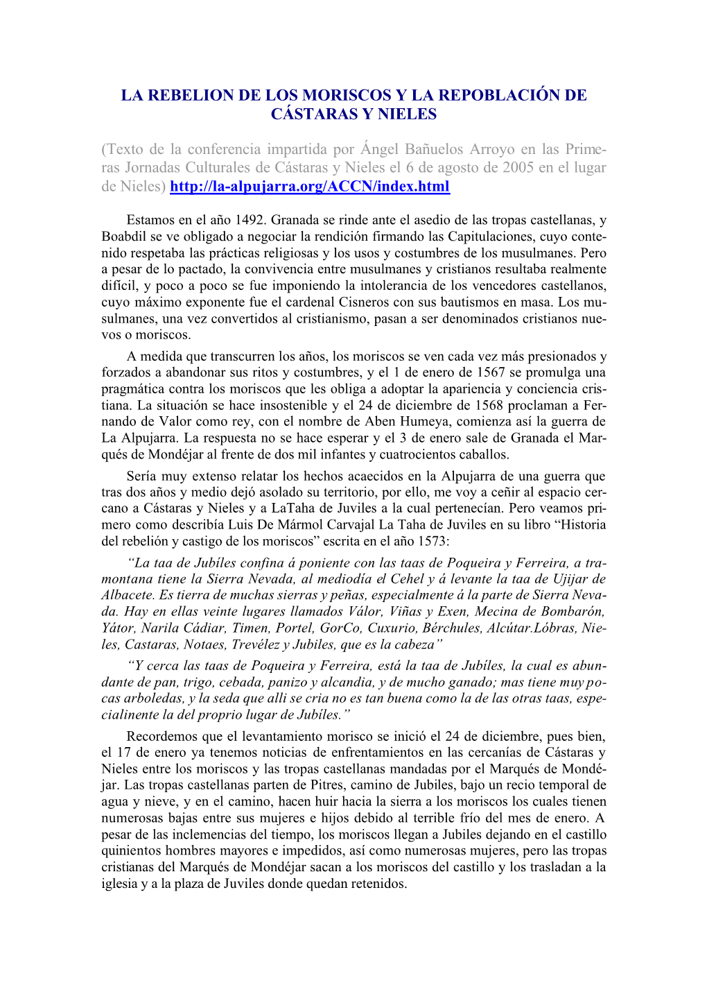 La Rebelion De Los Moriscos Y La Repoblación De Cástaras Y Nieles