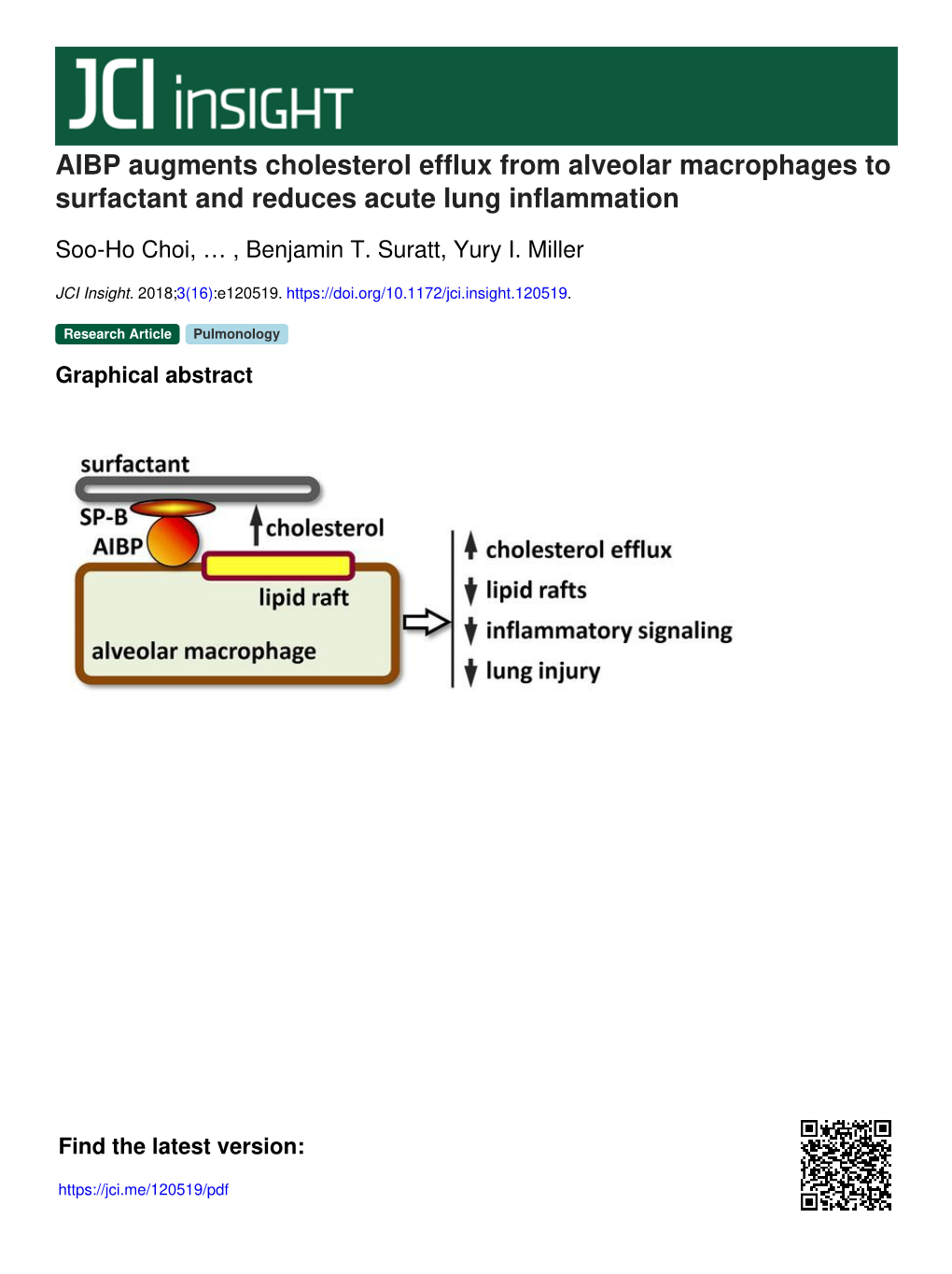 AIBP Augments Cholesterol Efflux from Alveolar Macrophages to Surfactant and Reduces Acute Lung Inflammation