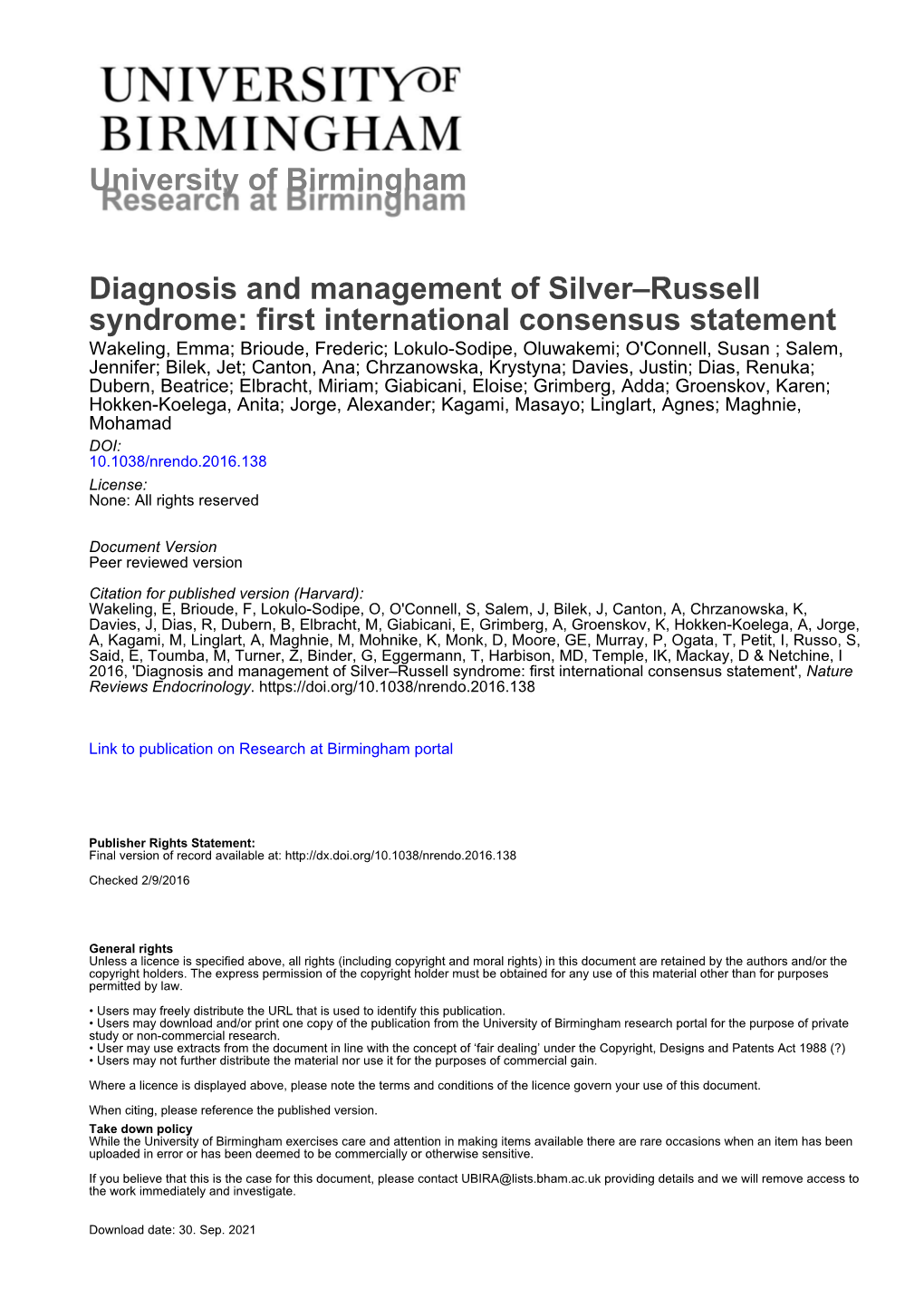 Diagnosis and Management of Silver–Russell Syndrome: First International Consensus Statement