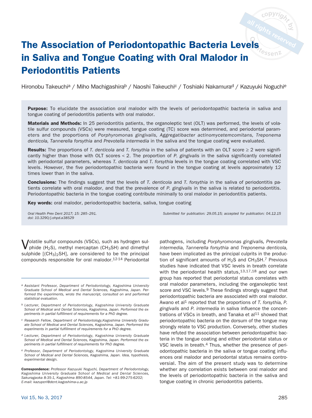 The Association of Periodontopathic Bacteria Levels in Saliva and Tongue Coating with Oral Malodor in Periodontitis Patients