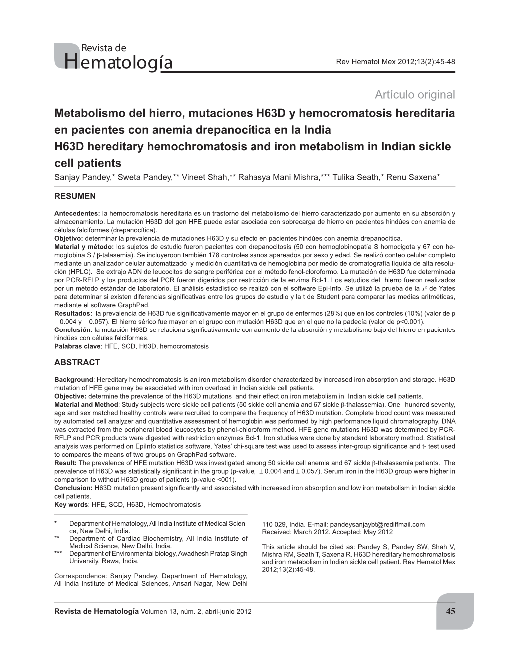 Metabolismo Del Hierro, Mutaciones H63D Y Hemocromatosis