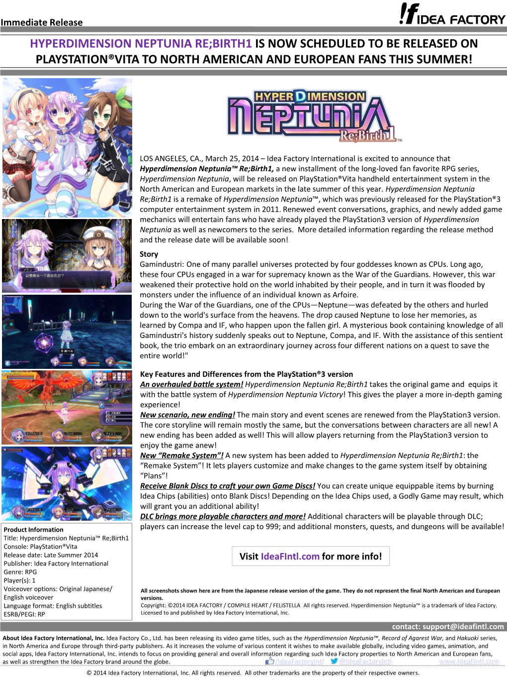 Hyperdimension Neptunia Re;Birth1 Is Now Scheduled to Be Released on Playstation®Vita to North American and European Fans This Summer!