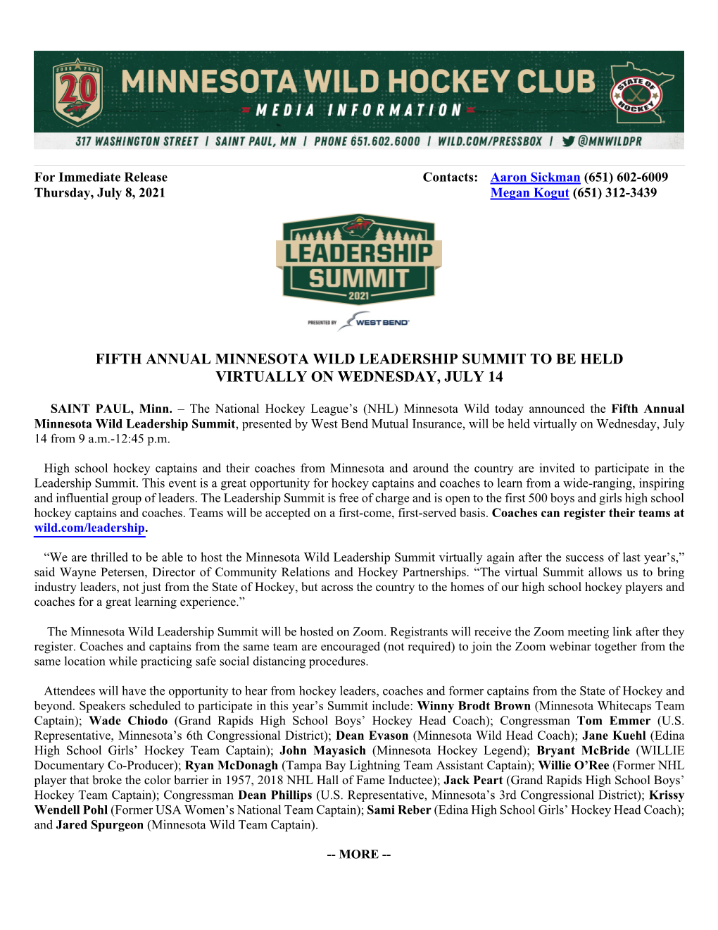 Fifth Annual Minnesota Wild Leadership Summit to Be Held Virtually on Wednesday, July 14