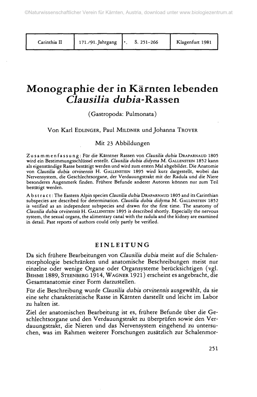 Monographie Der in Kärnten Lebenden Clausilia Dubia-Rassen (Gastropoda: Pulmonata)