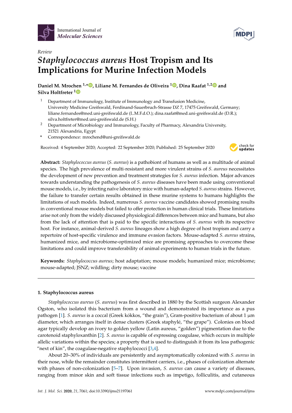 Staphylococcus Aureus Host Tropism and Its Implications for Murine Infection Models