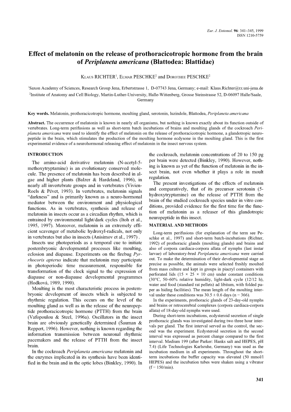 Effect of Melatonin on the Release of Prothoracicotropic Hormone from the Brain Ofperiplaneta Americana (Blattodea: Blattidae)