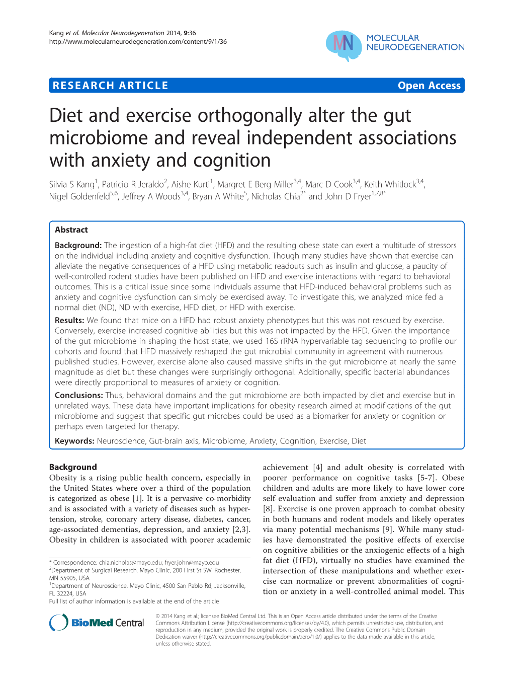 Diet and Exercise Orthogonally Alter the Gut Microbiome and Reveal Independent Associations with Anxiety and Cognition