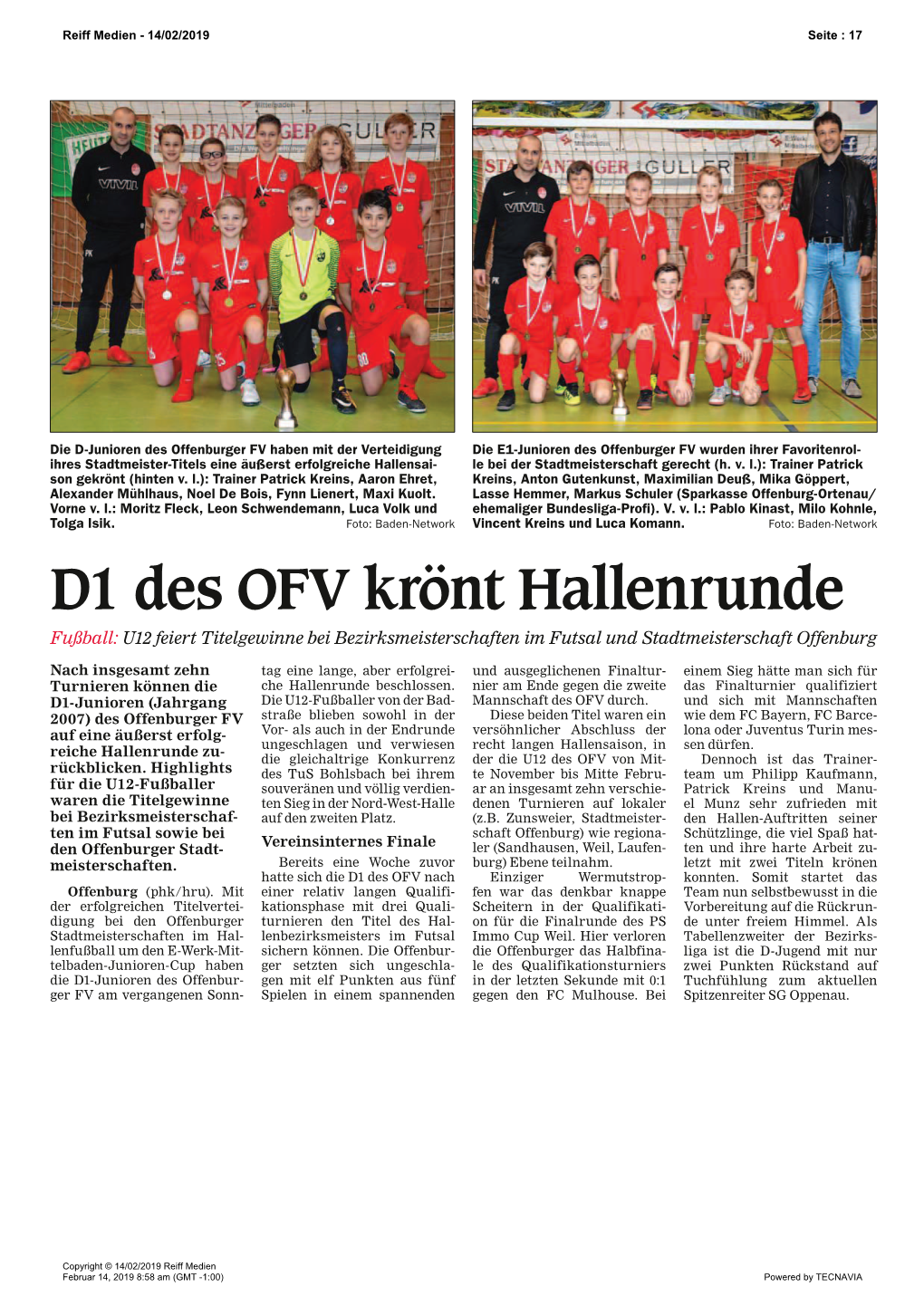 D1 Des OFV Krönt Hallenrunde Fußball: U12 Feiert Titelgewinne Bei Bezirksmeisterschaften Im Futsal Und Stadtmeisterschaft Offenburg