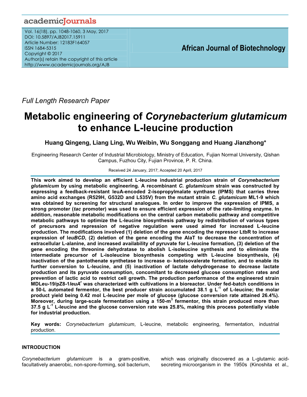 Metabolic Engineering of Corynebacterium Glutamicum to Enhance L-Leucine Production