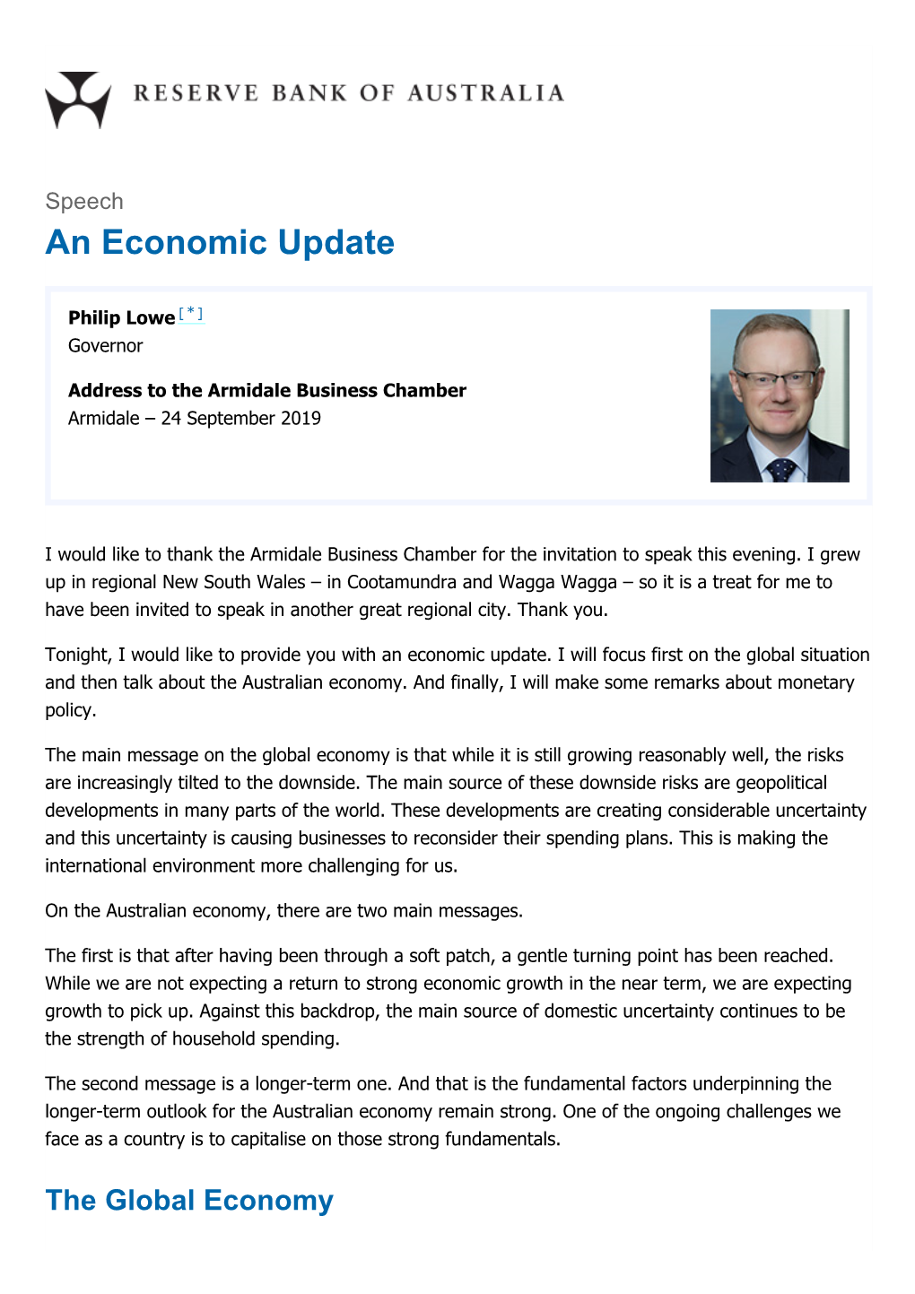 Philip Lowe: an Economic Update