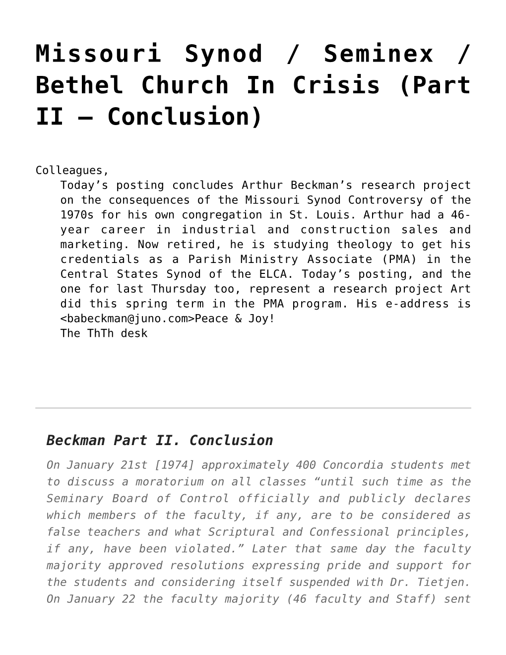 Missouri Synod / Seminex / Bethel Church in Crisis (Part II – Conclusion)